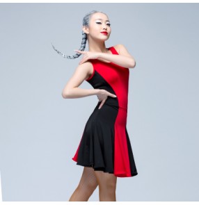 Black red leopard black patchwork sleeveless women's ladies female competition professional latin ballroom dance dresses